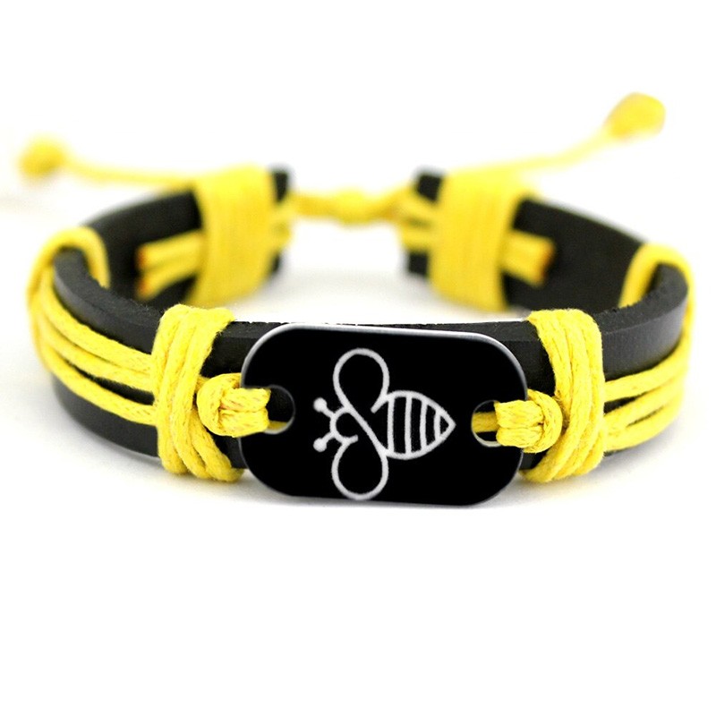 Bracelet en Cuir jaune Logo Abeille Metal