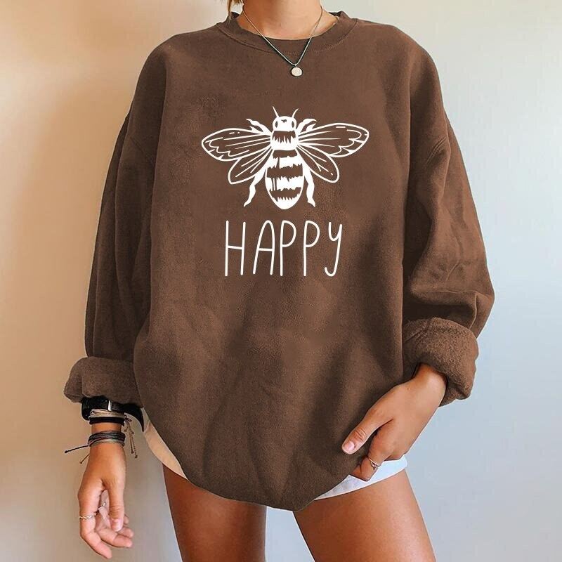 Sweat-shirt Abeille pour femme inscription BEE HAPPY à manches longues marron