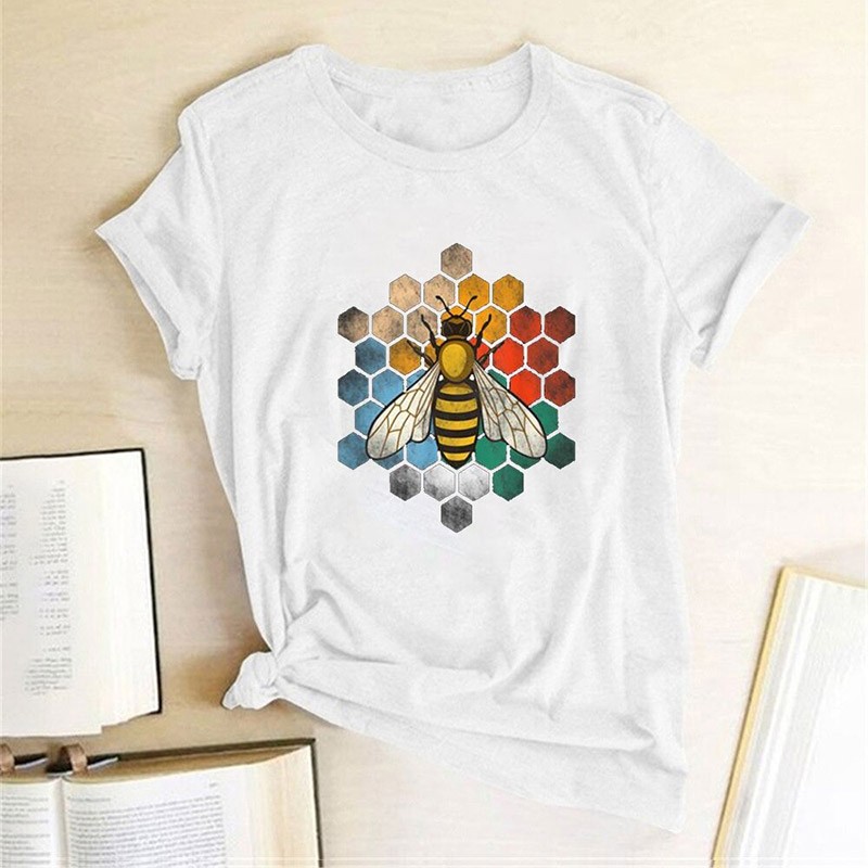T-shirt Abeille col ras du cou en coton pour femme imprimé nid d'abeille blanc