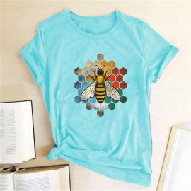 T-shirt Abeille col ras du cou en coton pour femme imprimé nid d'abeille bleu clair