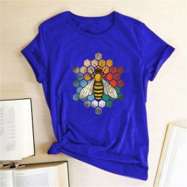 T-shirt Abeille col ras du cou en coton pour femme imprimé nid d'abeille bleu