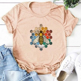 T-shirt Abeille col ras du cou en coton pour femme imprimé nid d'abeille rose