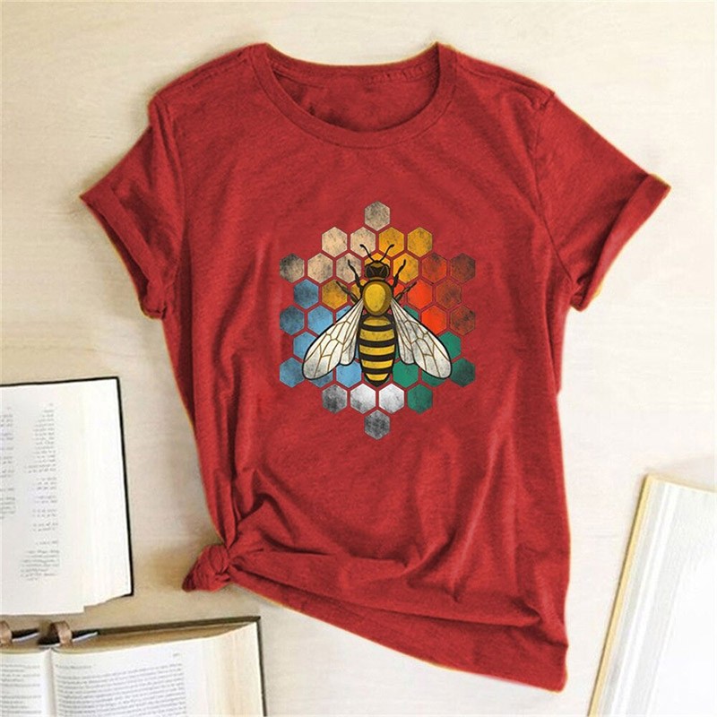 T-shirt Abeille col ras du cou en coton pour femme imprimé nid d'abeille rouge