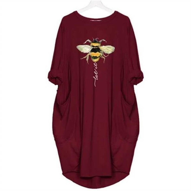 T-Shirt Long Abeille pour Femme avec 2 poches Let it Bee burgundy