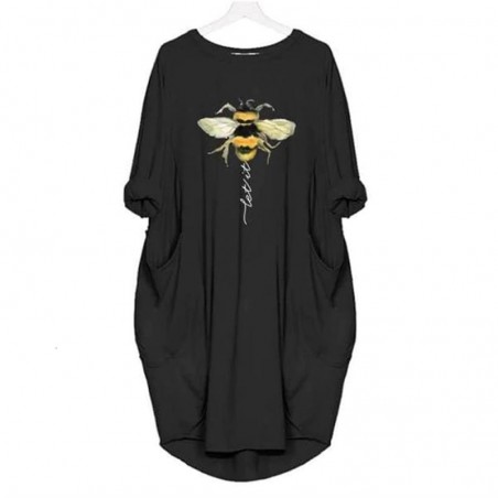 T-Shirt Long Abeille pour Femme avec 2 poches Let it Bee couleur noir