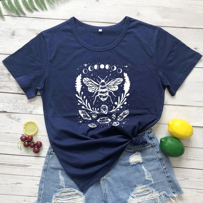 T-shirt femme abeille Phases de lune bleu foncé