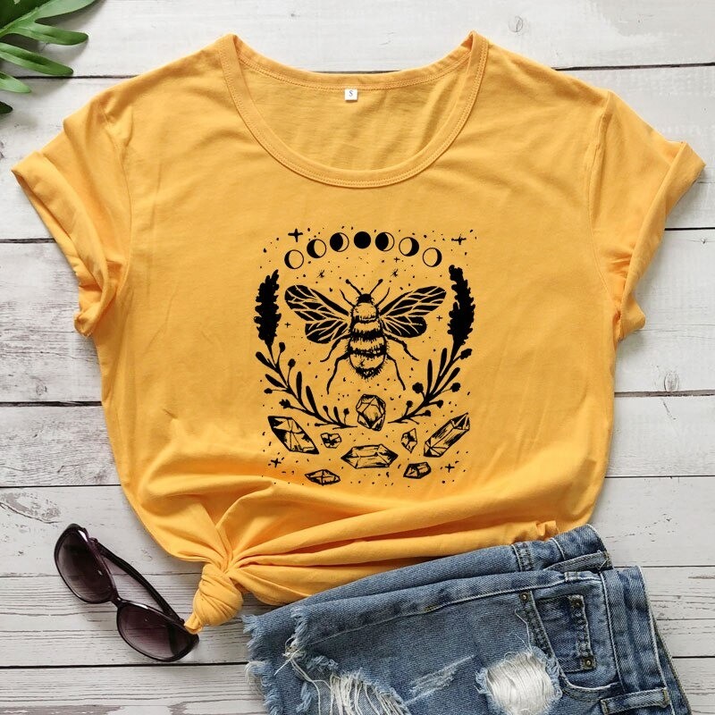 T-shirt femme abeille Phases de lune jaune