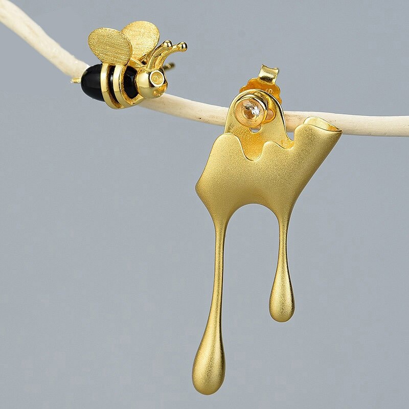 Boucles d'oreilles abeilles et miel bijou en argent Sterling 925 couleur or