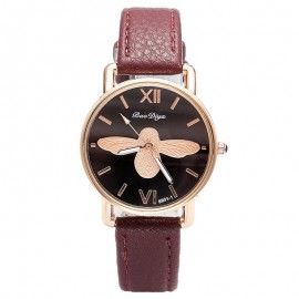 Montre abeille pour femme bracelet en cuir horloge à quartz burgundy