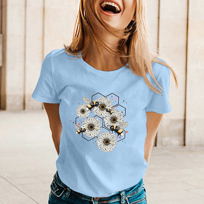 T-shirt fluide pour l'été  abeilles et marguerites - couleur bleu