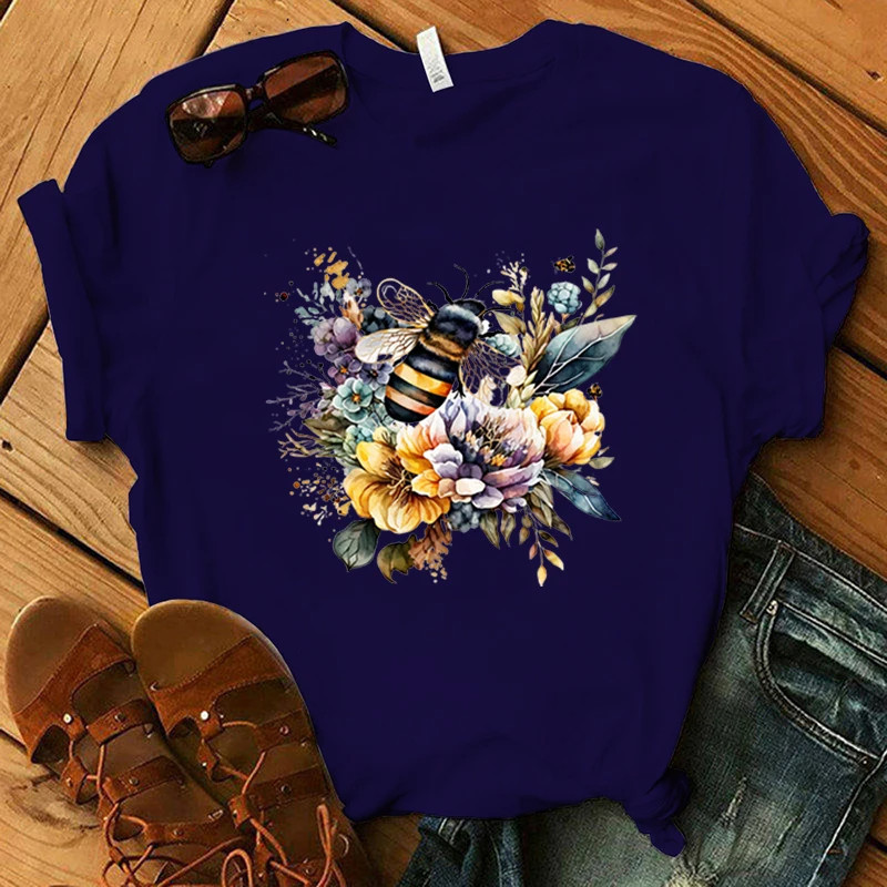 T-shirt floral abeille - bleu marine