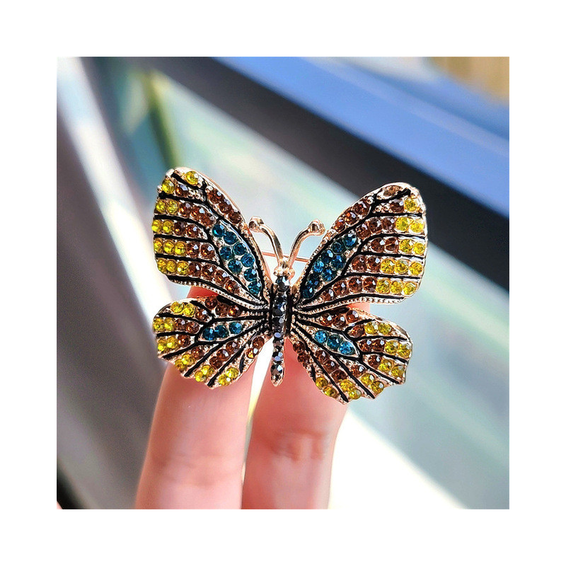 Magnifiques Broches Papillon aux Ailles Colorées avec Strass Doré