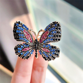 Magnifiques Broches Papillon aux Ailles Colorées avec Strass Bleu Foncé