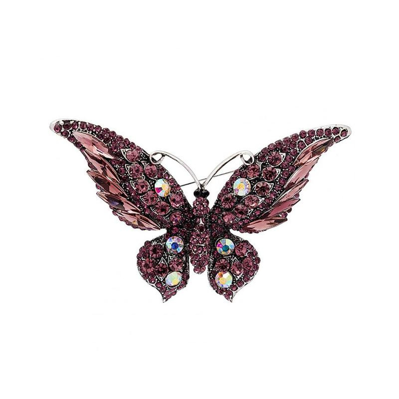 Magnifique Grande Broche Papillon aux ailles travaillées en Cristal Couleur Rose
