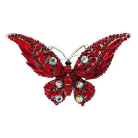Magnifique Grande Broche Papillon aux ailles travaillées en Cristal Couleur Rouge