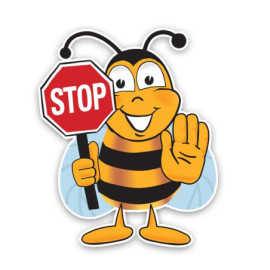 Grand Autocollant abeille souriante avec une pancarte STOP - PVC - 14.2CM x 18.2CM