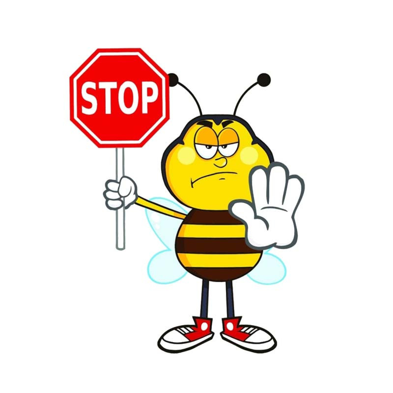 Autocollant d'une abeille sérieuse tenant un panneau STOP