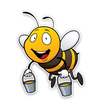 Autocollant d'une abeille souriante transportant deux seaux de miel