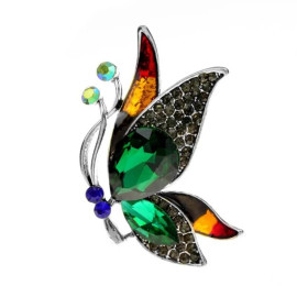 Broche Papillon en envol Multicolores en Strass Vert