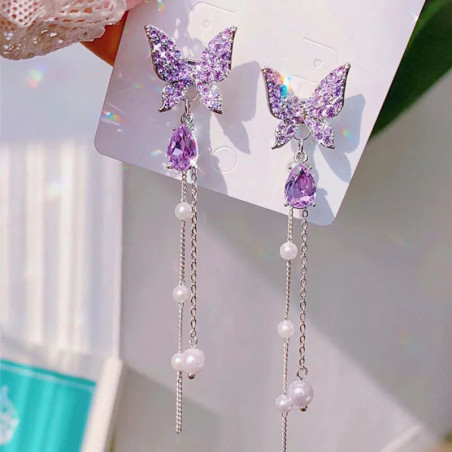 Boucles d'oreilles papillon violet avec pendants perles blanches