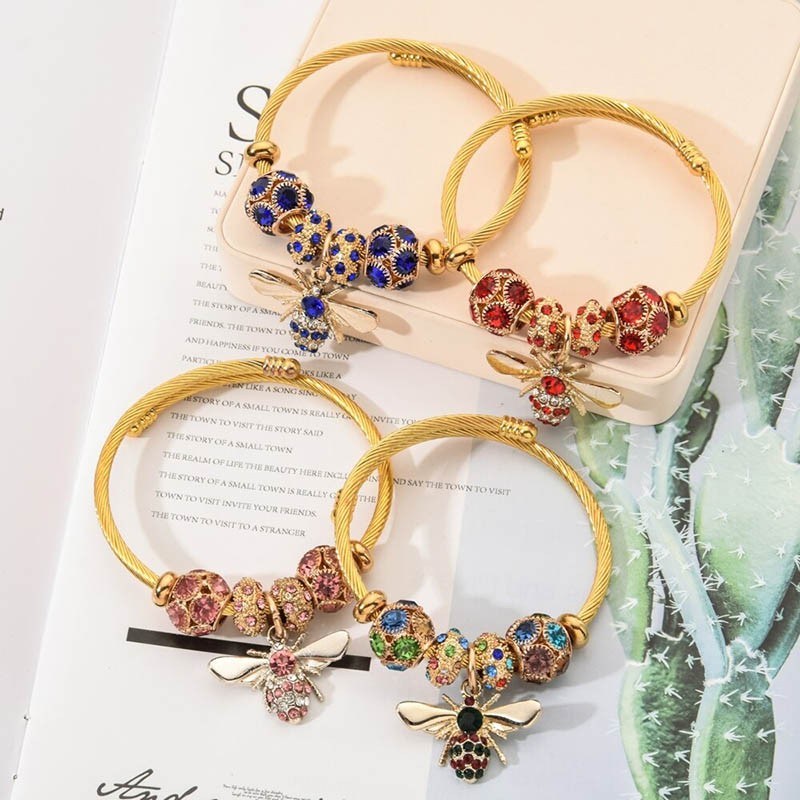 Magnifique bracelet en acier inoxydable avec perles en cristal abeille pour femme