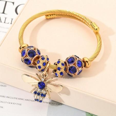 Bracelet en acier inoxydable avec perles en cristal abeille pour femme bleu